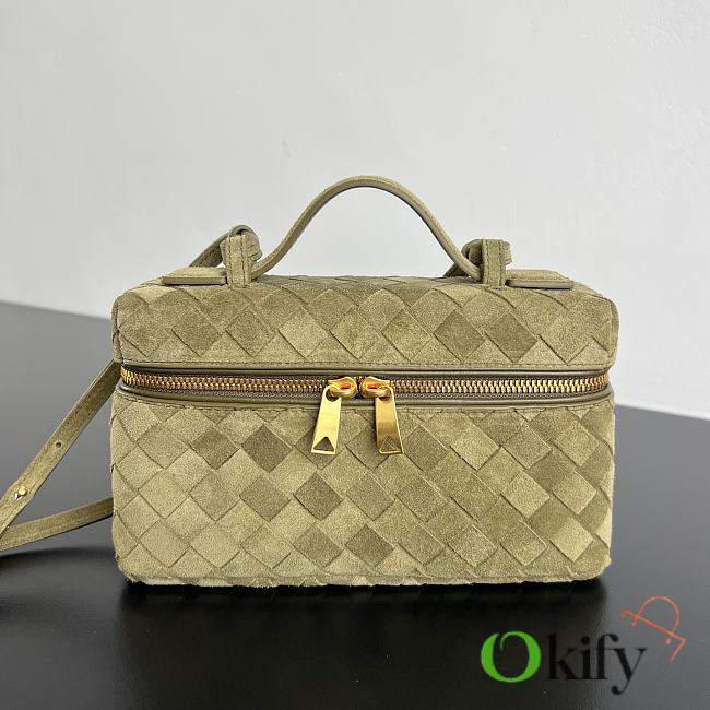 Okify Bottega Veneta Bang Bang Vanity Case Bag Olive Green Suede 22x12.5x5cm - 1