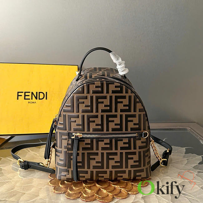 Okify Fendi FF Mini Backpack In Brown Lambskin 22x22x10cm - 1