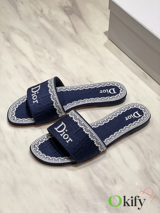 Okify Dior Dark Blue Embroidered Women Slides  - 1