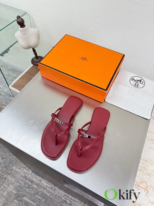 Okify Hermes Red Burgundy Flip Flop Women Slides - 1