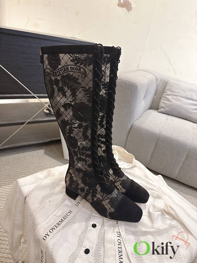 Okify Dior J'Adior Black Embroidered Mesh High Boots 3.5cm - 1