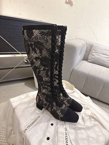 Okify Dior J'Adior Black Embroidered Mesh High Boots 3.5cm