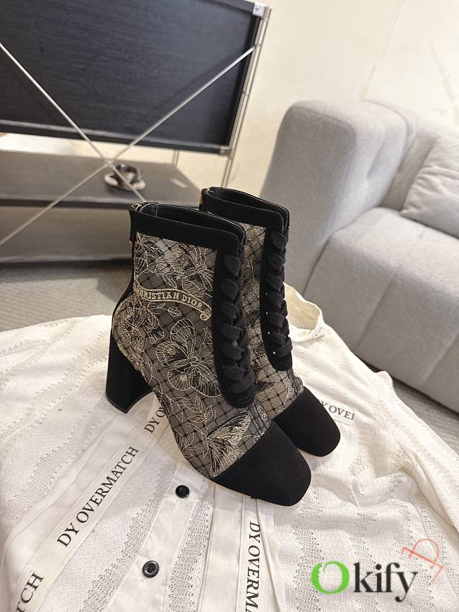 Okify Dior J'Adior Black Embroidered Mesh Boots 8cm 28272 - 1