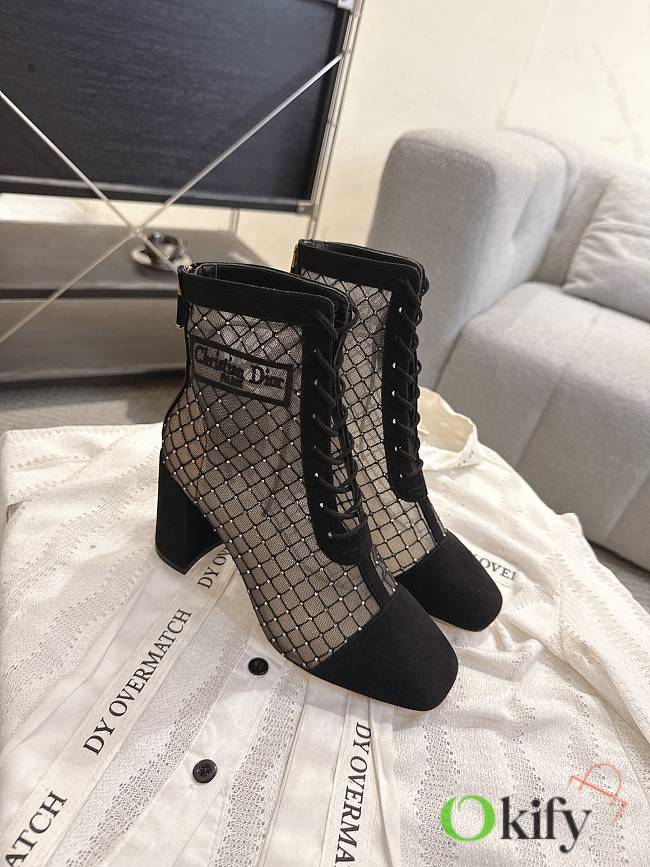Okify Dior J'Adior Black Embroidered Mesh Boots 8cm 28273 - 1