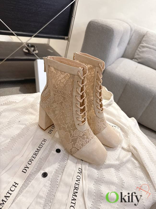Okify Dior J'Adior Beige Embroidered Mesh Boots 8cm 28278 - 1