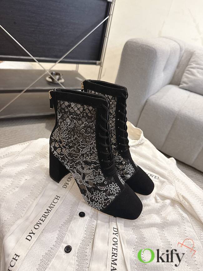 Okify Dior J'Adior Black Rhinestone Embroidered Mesh Boots 8cm 28279 - 1