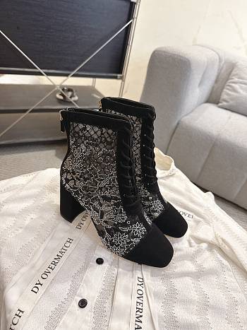 Okify Dior J'Adior Black Rhinestone Embroidered Mesh Boots 8cm 28279