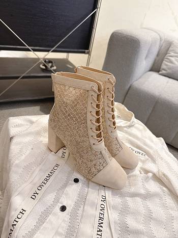 Okify Dior J'Adior Beige Rhinestone Embroidered Mesh Boots 8cm 28280