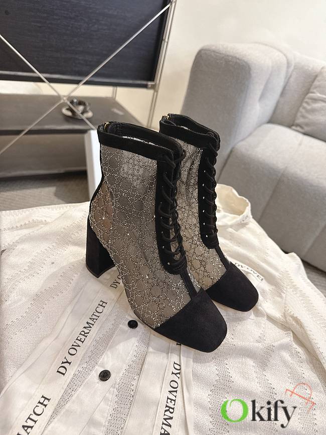 Okify Dior J'Adior Black Rhinestone Embroidered Mesh Boots 8cm 28281 - 1