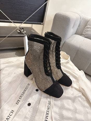 Okify Dior J'Adior Black Rhinestone Embroidered Mesh Boots 8cm 28281