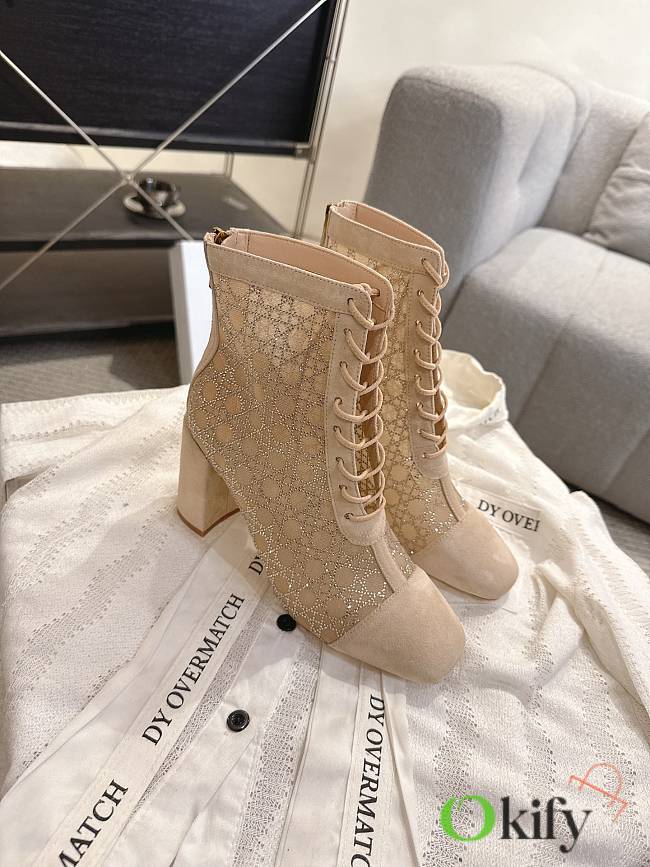 Okify Dior J'Adior Beige Rhinestone Embroidered Mesh Boots 8cm 28282 - 1