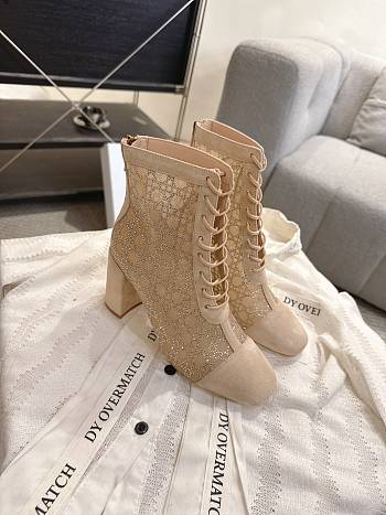 Okify Dior J'Adior Beige Rhinestone Embroidered Mesh Boots 8cm 28282