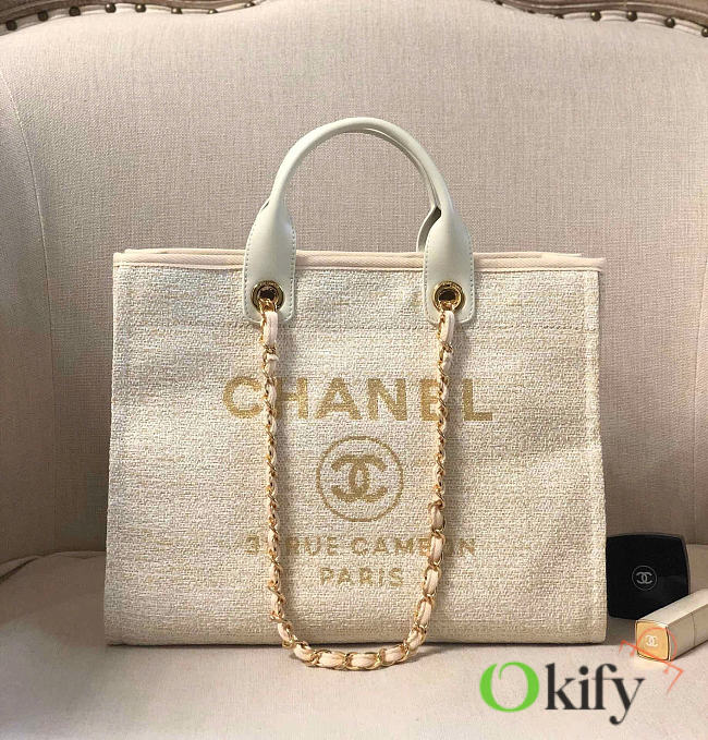 Okify CC Shopping Bag Beige Canvas Gold Hardware 38cm - 1