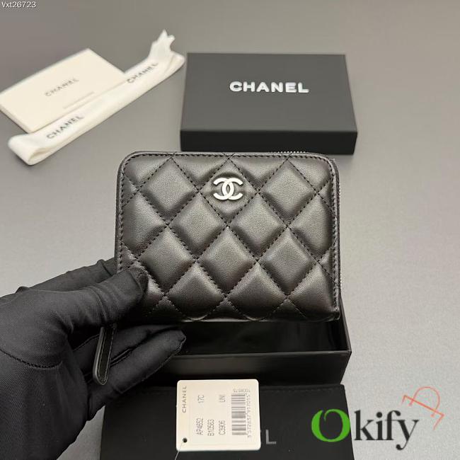 Okify CC Black Lambskin Silver Hardware Zipper Small Wallet 12x9x2cm - 1
