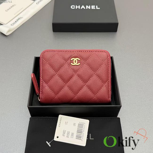 Okify CC Red Burgundy Caviar Zipper Small Wallet 12x9x2cm - 1