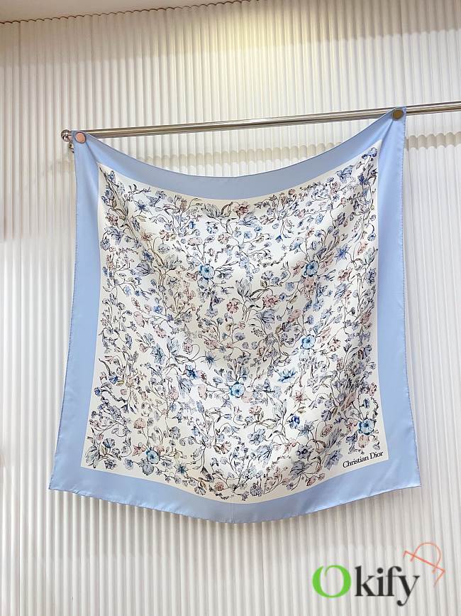 Okify Dior Blue Flower Twill Silk Square Scarf 90x90cm - 1