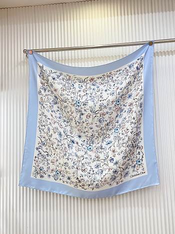 Okify Dior Blue Flower Twill Silk Square Scarf 90x90cm