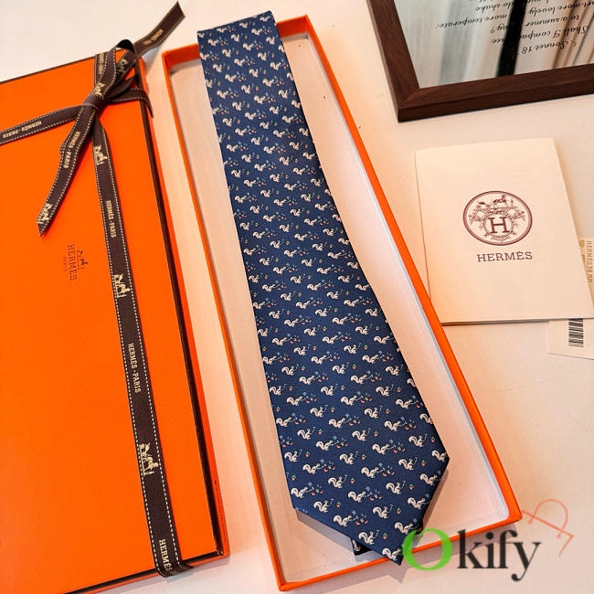 Okify Hermes Dark Blue Silk Tie - 1