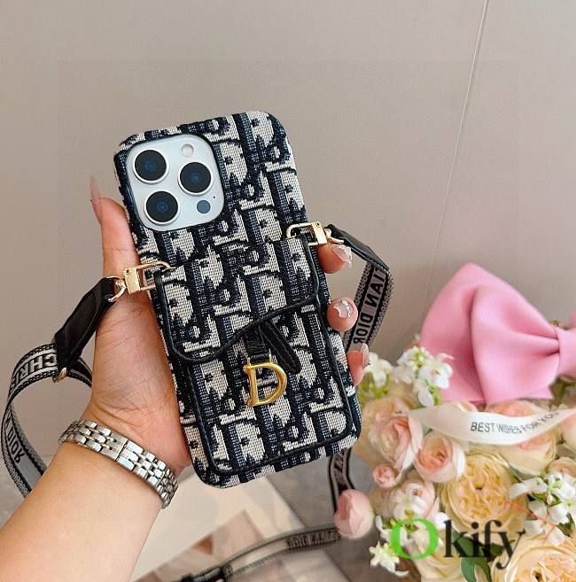 Okify Dior Black Card Holder Phone Case Crossbody Strap 28439 - 1