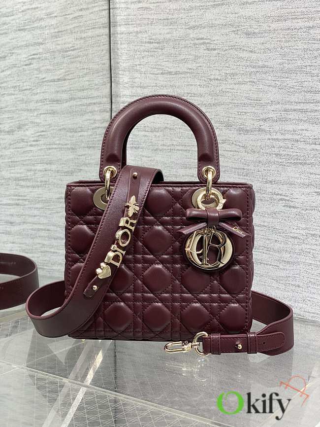 Okify Dior Lady Bag Red Burgundy Bow With Letter Strap 20x17x8cm - 1