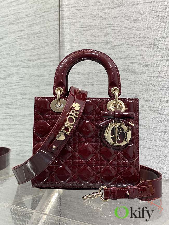 Okify Dior Lady Bag Red Burgundy Patent Bow With Letter Strap 20x17x8cm - 1