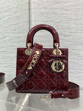 Okify Dior Lady Bag Red Burgundy Patent Bow With Letter Strap 20x17x8cm