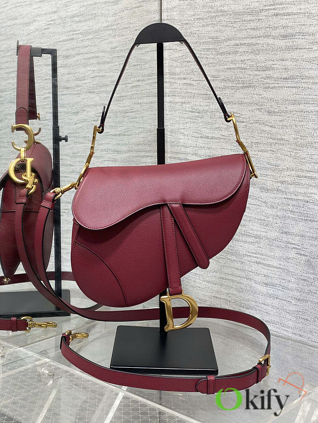 Okify Dior Saddle Bag In Dark Red Grain Leather 24x18x6cm - 1