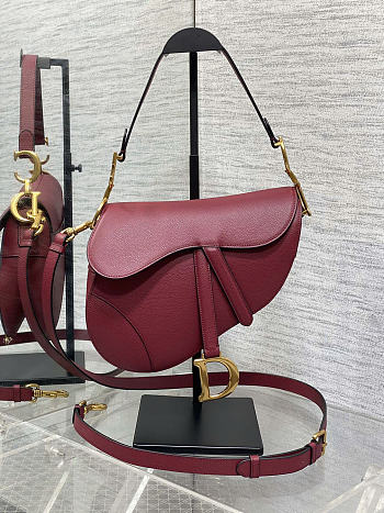 Okify Dior Saddle Bag In Dark Red Grain Leather 24x18x6cm