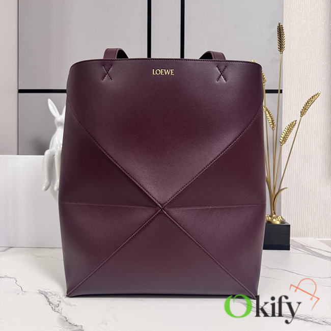 Okify Loewe Puzzle Fold Large Tote Bag Red Burgundy 42x41x18cm - 1