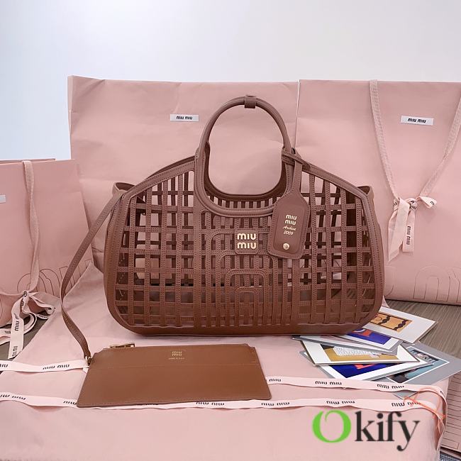 Okify MiuMiu Leather Basket Bag Brown 5BA293 40x21x15.5cm  - 1