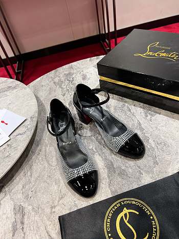 Okify Christian Louboutin Black Patent Mary Jane Shoes With Rhinestone 5.5cm
