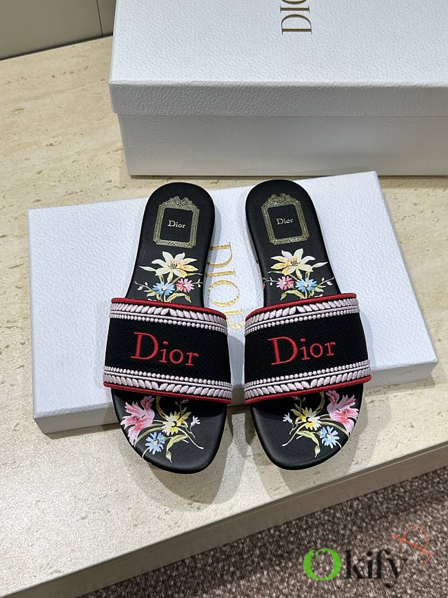 Okify Dior Dway Black Flower Women Slides - 1
