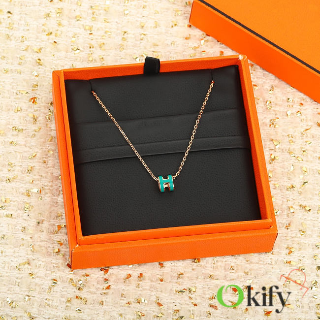 Okify Hermes Dark Green H Charm Rose Gold Necklace  - 1