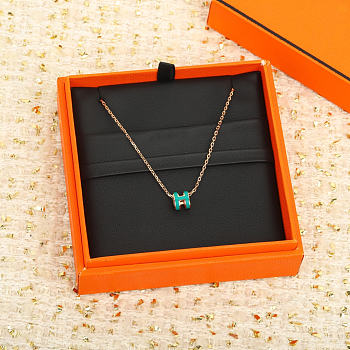 Okify Hermes Dark Green H Charm Rose Gold Necklace 