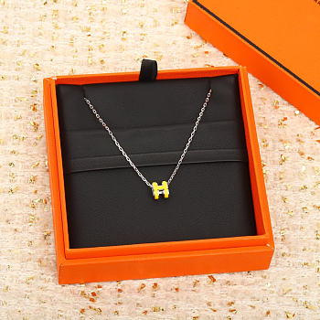 Okify Hermes Yellow H Charm Silver Necklace 