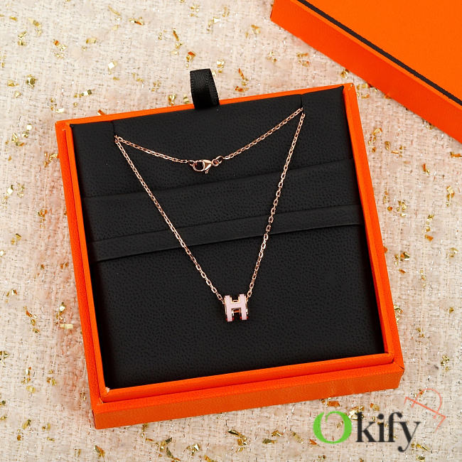 Okify Hermes Light Pink H Charm Rose Gold Necklace  - 1