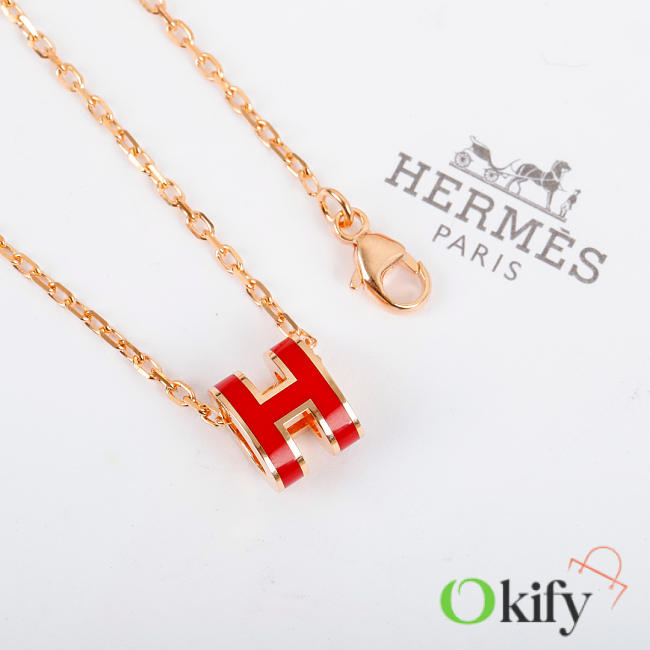 Okify Hermes Red H Charm Rose Gold Necklace  - 1