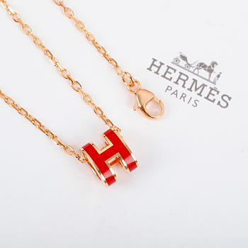 Okify Hermes Red H Charm Rose Gold Necklace 