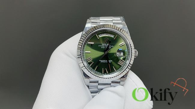 Okify Rolex Silver Watch Green Face 40mm 28861 - 1