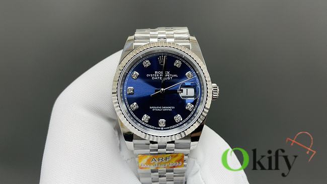 Okify Rolex Datejust Silver Watch Dark Blue Face With Diamonds 36mm - 1