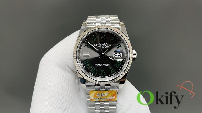 Okify Rolex Silver Watch Black Face Green Dial 36mm  - 1