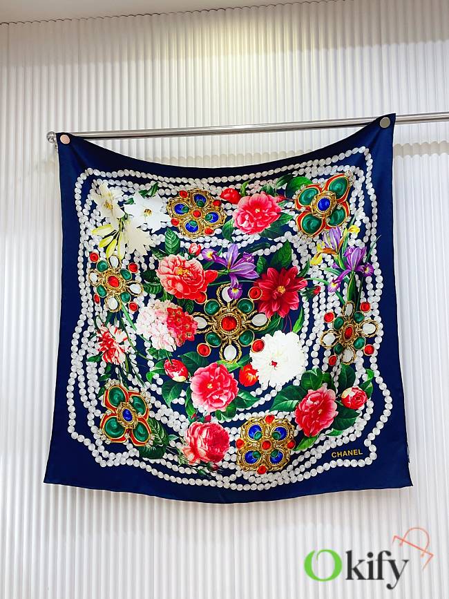 Okify CC Flower Blue Silk Square Scarf 90x90cm - 1