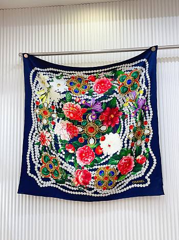 Okify CC Flower Blue Silk Square Scarf 90x90cm