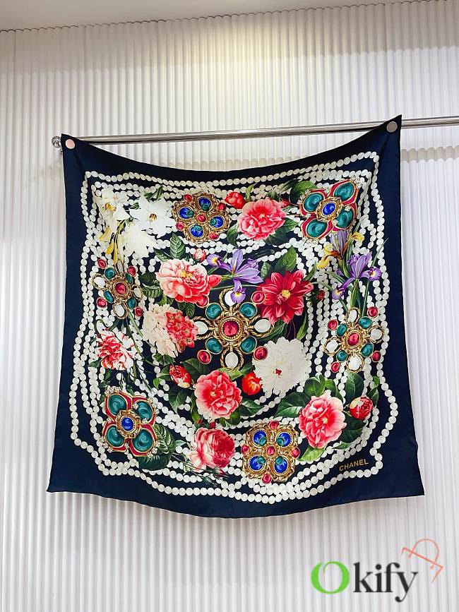 Okify CC Flower Dark Blue Silk Square Scarf 90x90cm - 1
