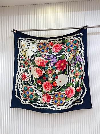 Okify CC Flower Dark Blue Silk Square Scarf 90x90cm