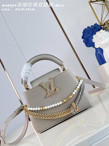 Okify Louis Vuitton Capucines Mini Bag Gray Pearl And Double Chain 21x13x8cm 