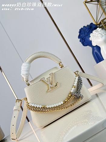 Okify Louis Vuitton Capucines Mini Bag Cream White Pearl And Double Chain 21x13x8cm 