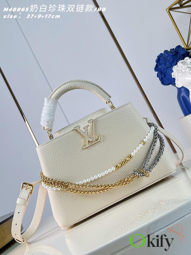Okify Louis Vuitton Capucines BB Bag Cream White Pearl And Double Chain 27x17x9cm - 1