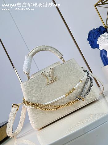 Okify Louis Vuitton Capucines BB Bag Cream White Pearl And Double Chain 27x17x9cm