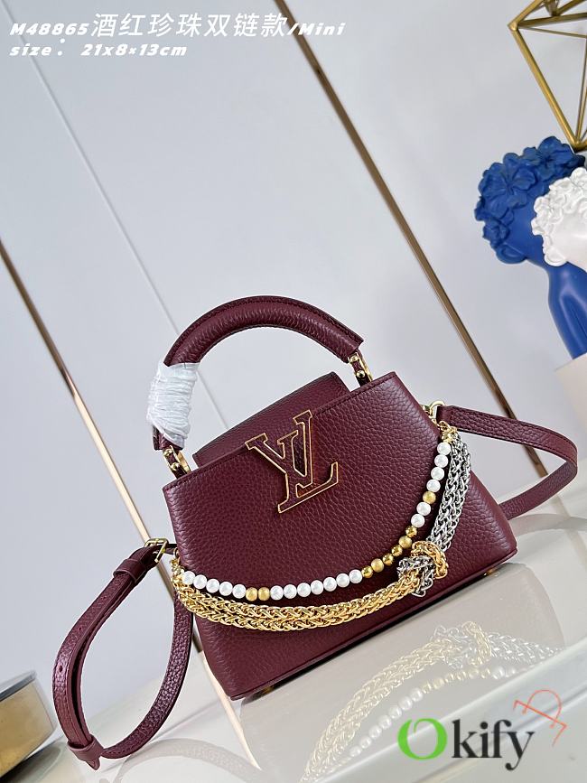 Okify Louis Vuitton Capucines Mini Bag Red Burgundy Pearl And Double Chain 21x13x8cm  - 1